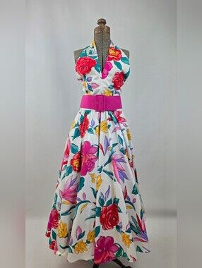 Victor Costa Vintage 80's Women's Belted Floral Cotton Halter Party Sundress 10